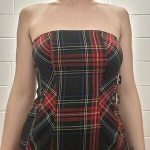 Vintage Le Chateau plaid strapless bondycon dress with buckle detail
